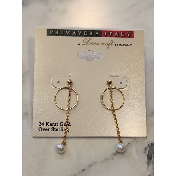 Primavera Italy 24K Gold Over Sterling Dangle Earrings Chain & Faux Pearl Drop - Picture 1 of 5